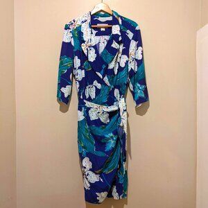 Vintage 80s Blue Faux Wrap Midi Dress Floral Hawaii Style Size M/L14 Made in USA